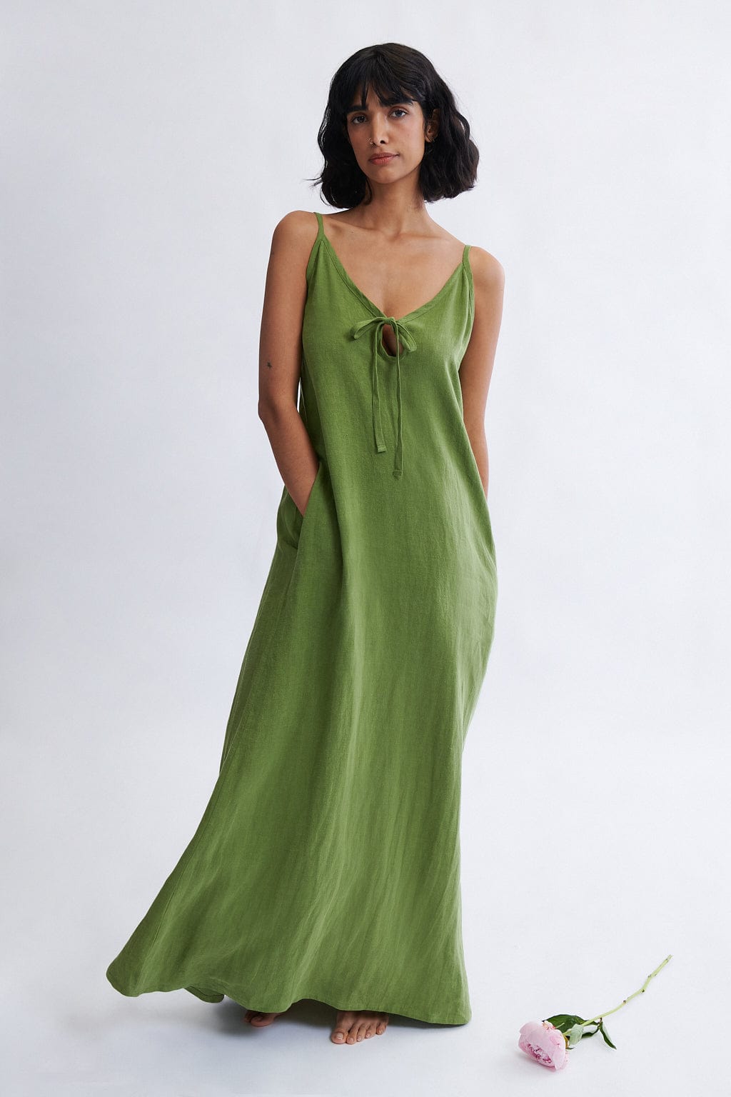 linen maxi dress green Sleeveless Linen Dress with Obi Belt, Summer Linen Dress for Women, Linen Maxi Dress, V-neck Linen Dress with Pockets, S / Blue Green
