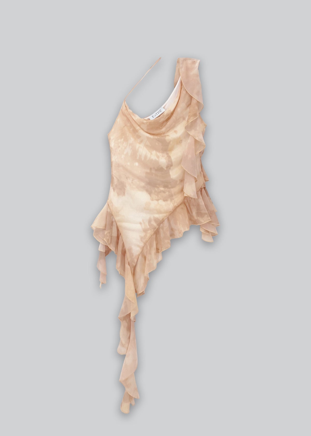 Esthé | Printed Mesh Asymmetric Ruffle Top | Pink Champagne