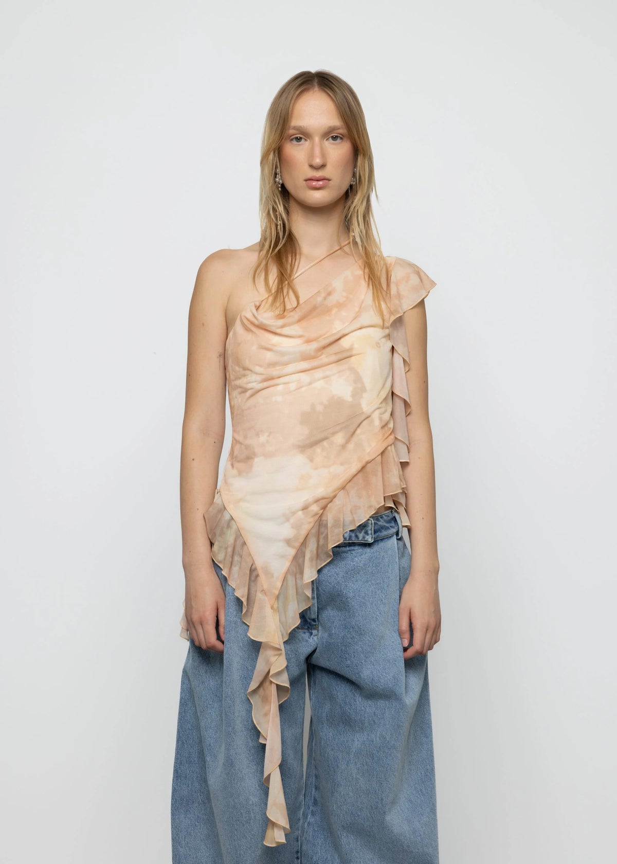 Esthé | Printed Mesh Asymmetric Ruffle Top | Pink Champagne