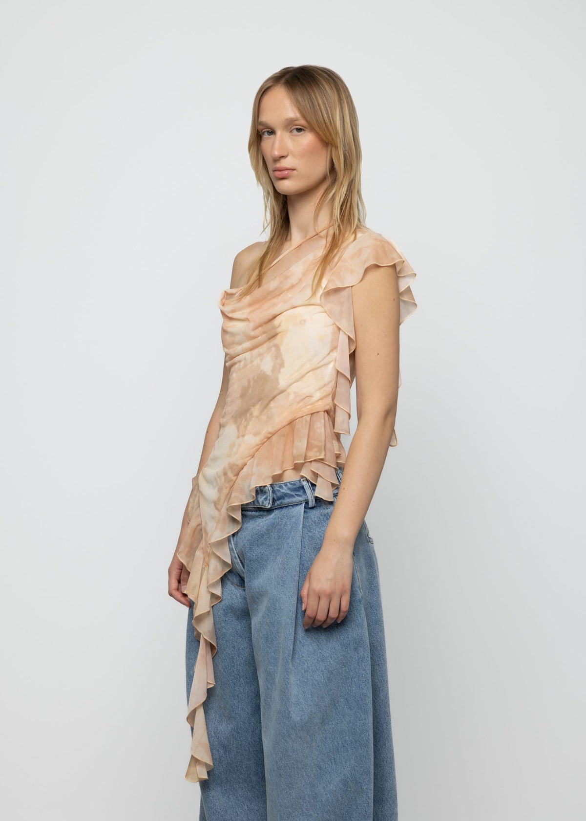 Esthé | Printed Mesh Asymmetric Ruffle Top | Pink Champagne