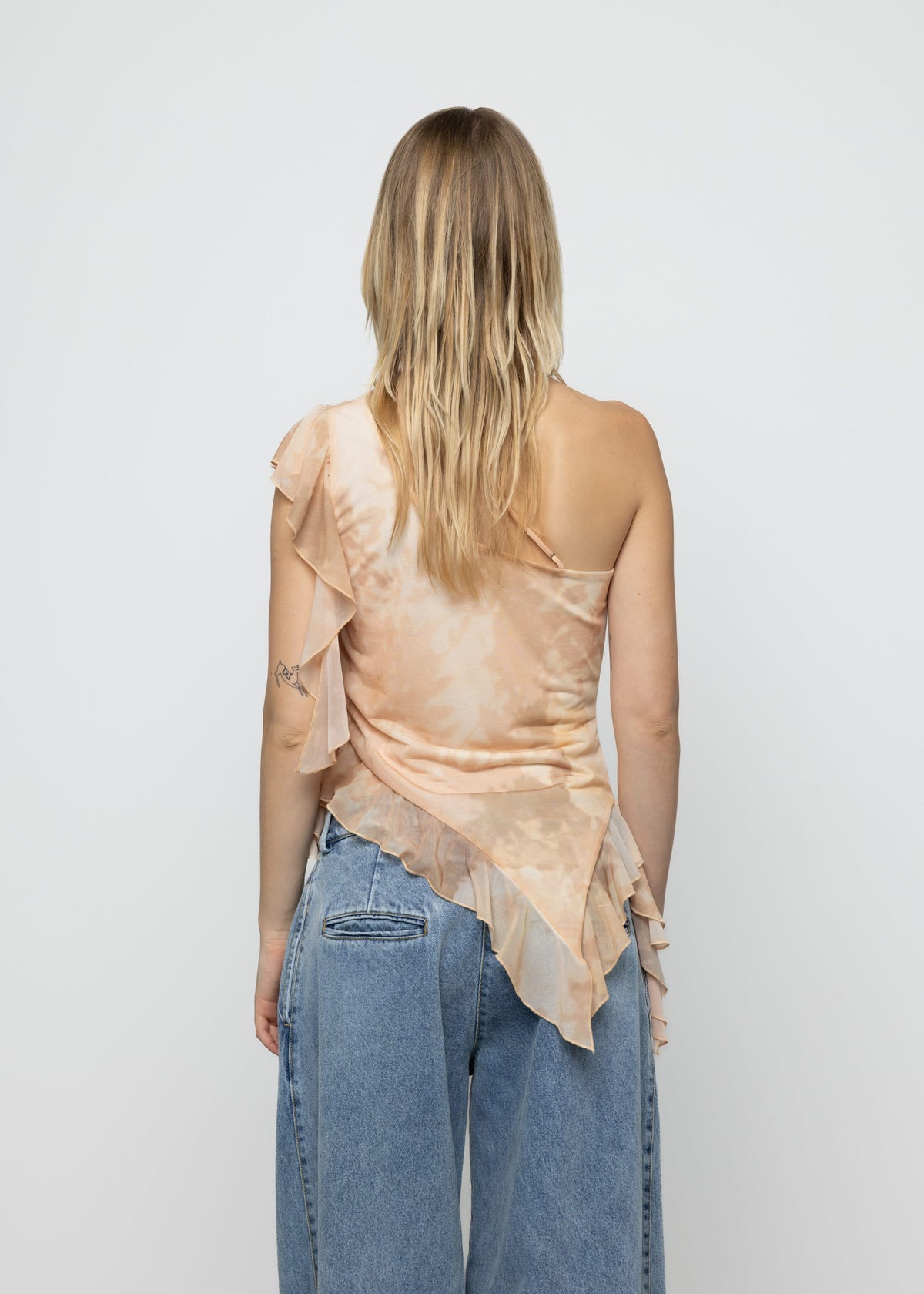 Esthé | Printed Mesh Asymmetric Ruffle Top | Pink Champagne