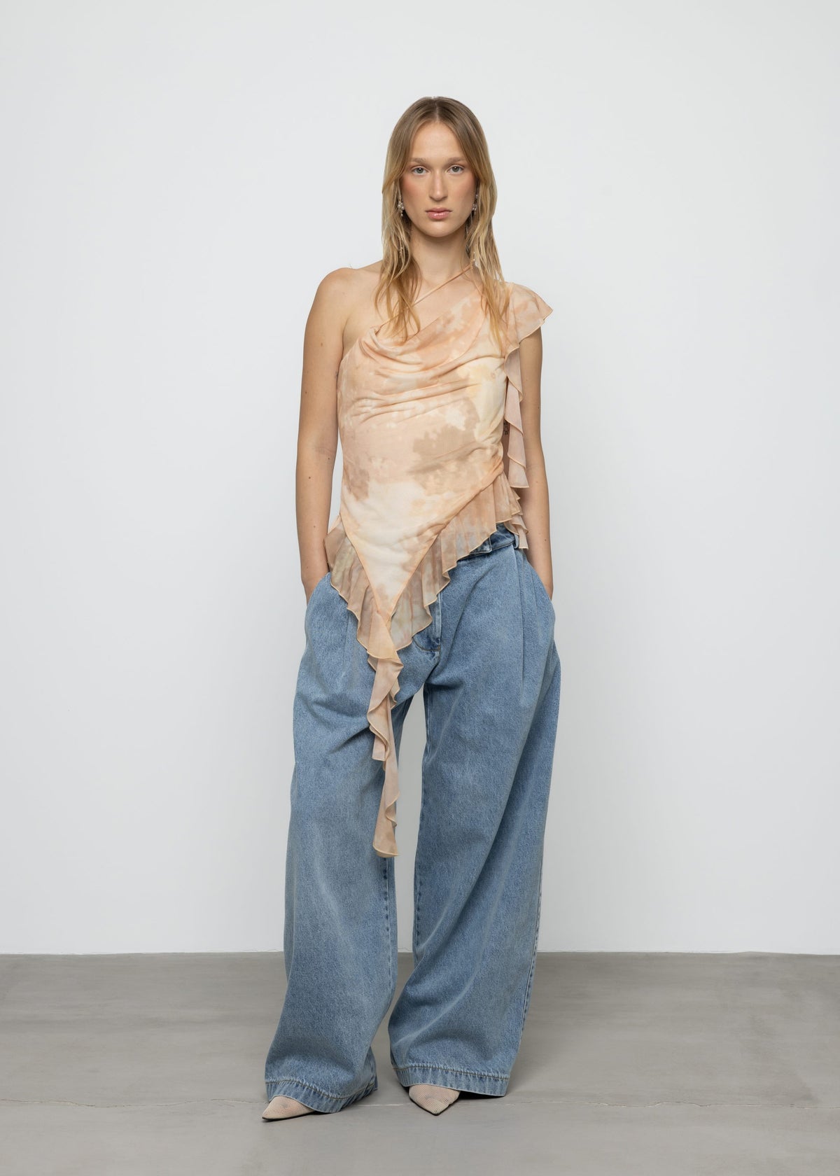 Esthé | Printed Mesh Asymmetric Ruffle Top | Pink Champagne