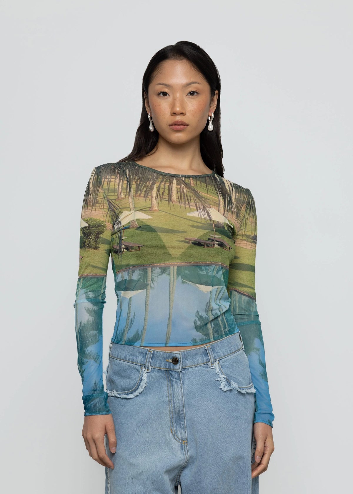 Esthé | Printed Mesh Long Sleeve Tee | Poolside Print