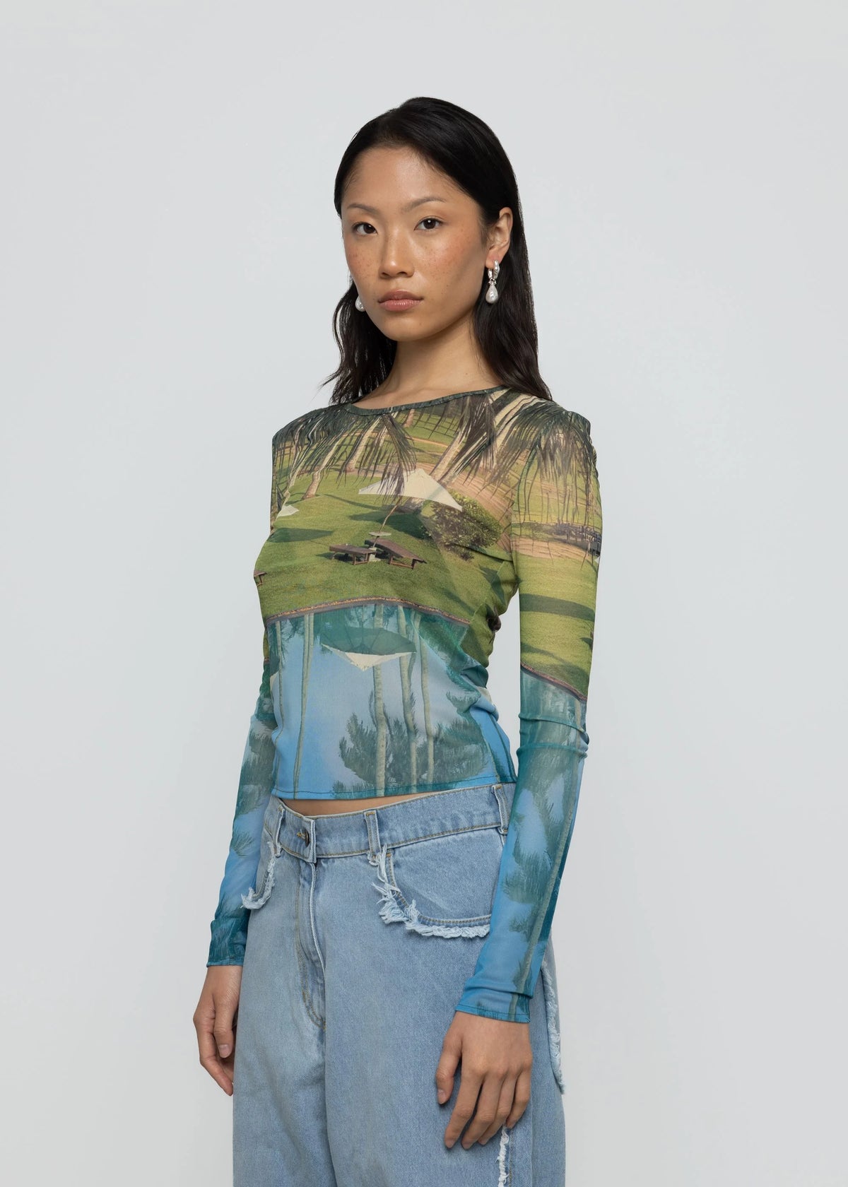 Esthé | Printed Mesh Long Sleeve Tee | Poolside Print