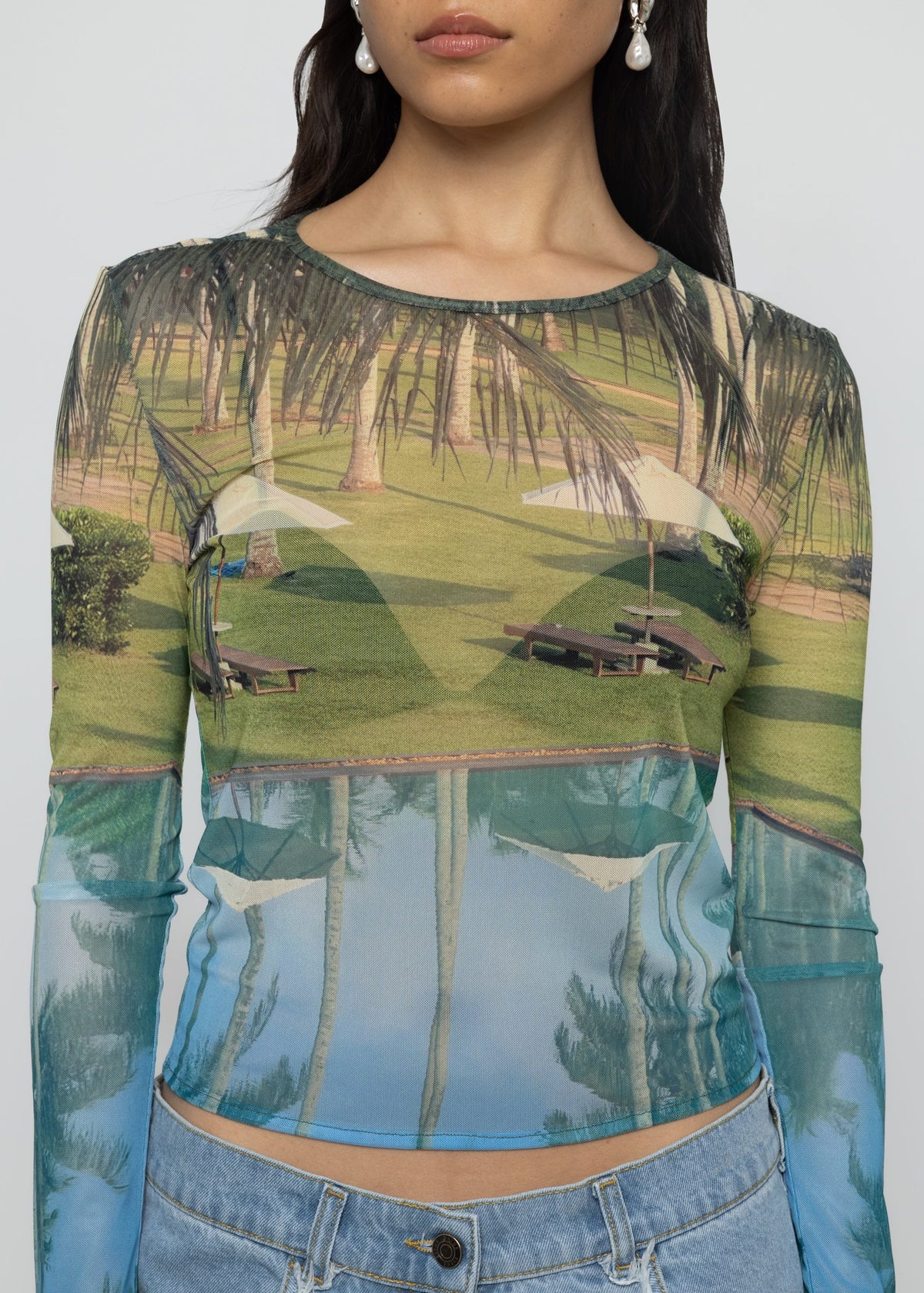 Esthé | Printed Mesh Long Sleeve Tee | Poolside Print