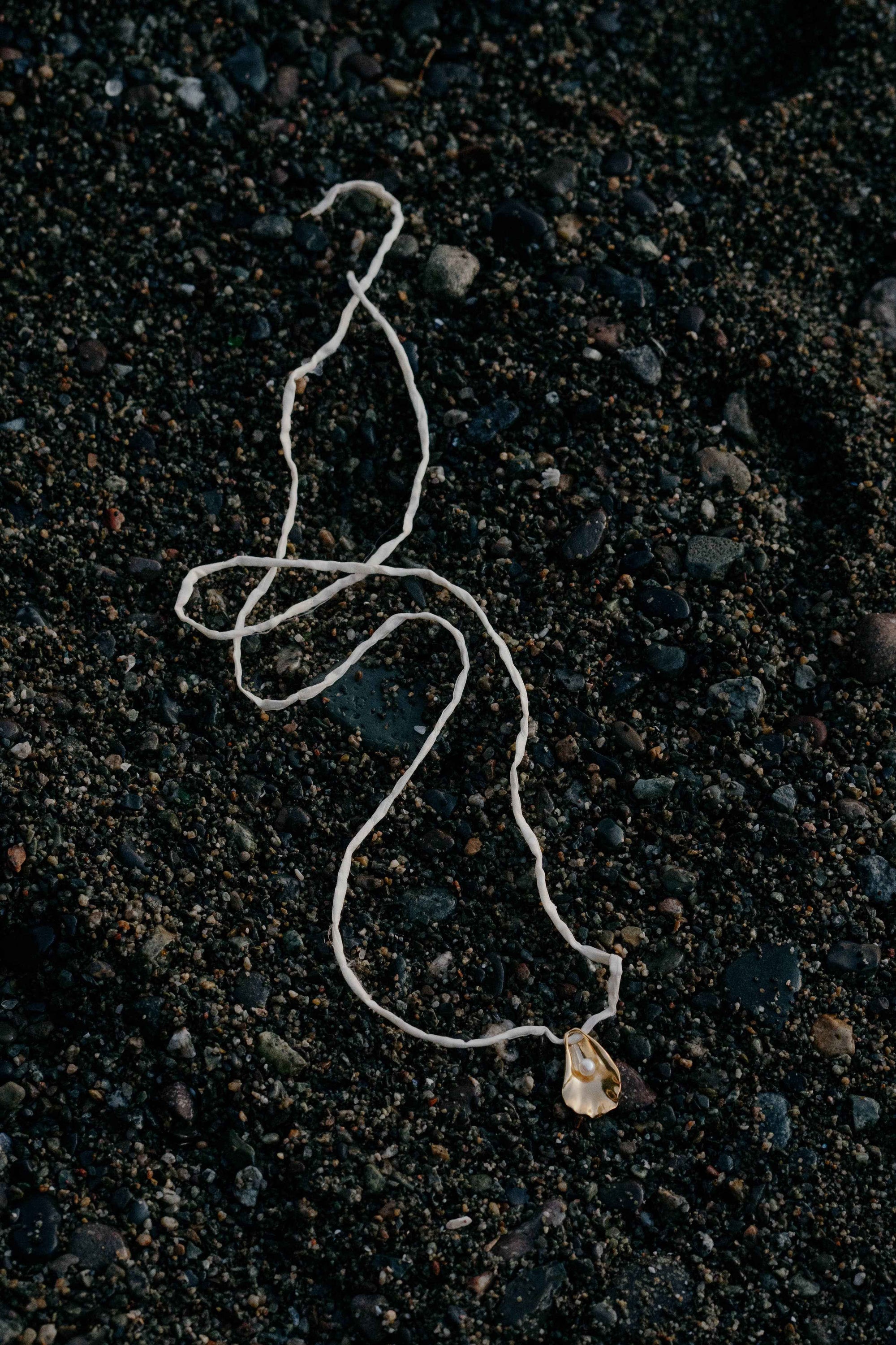 Oyster Shell Necklace on Raw Silk | Gold/Marine Blue