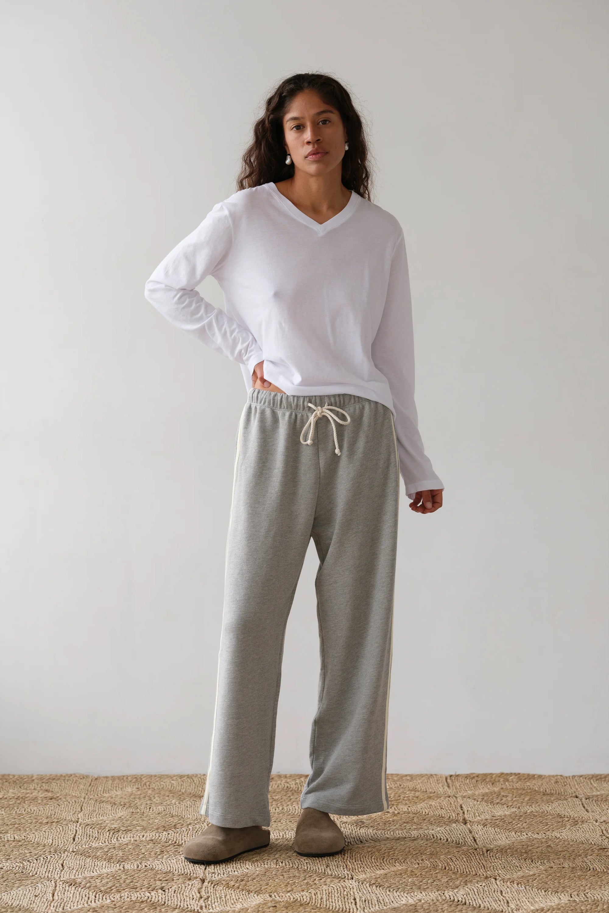 Donni Eco-Terry Stripe Crop Pant | Heather Grey Creme Stripe
