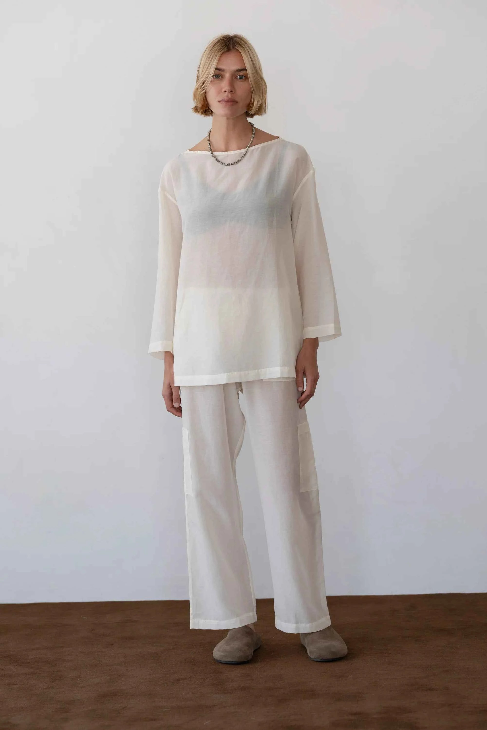 Donni |The Silk Cotton Sheer Cargo Pant | Creme