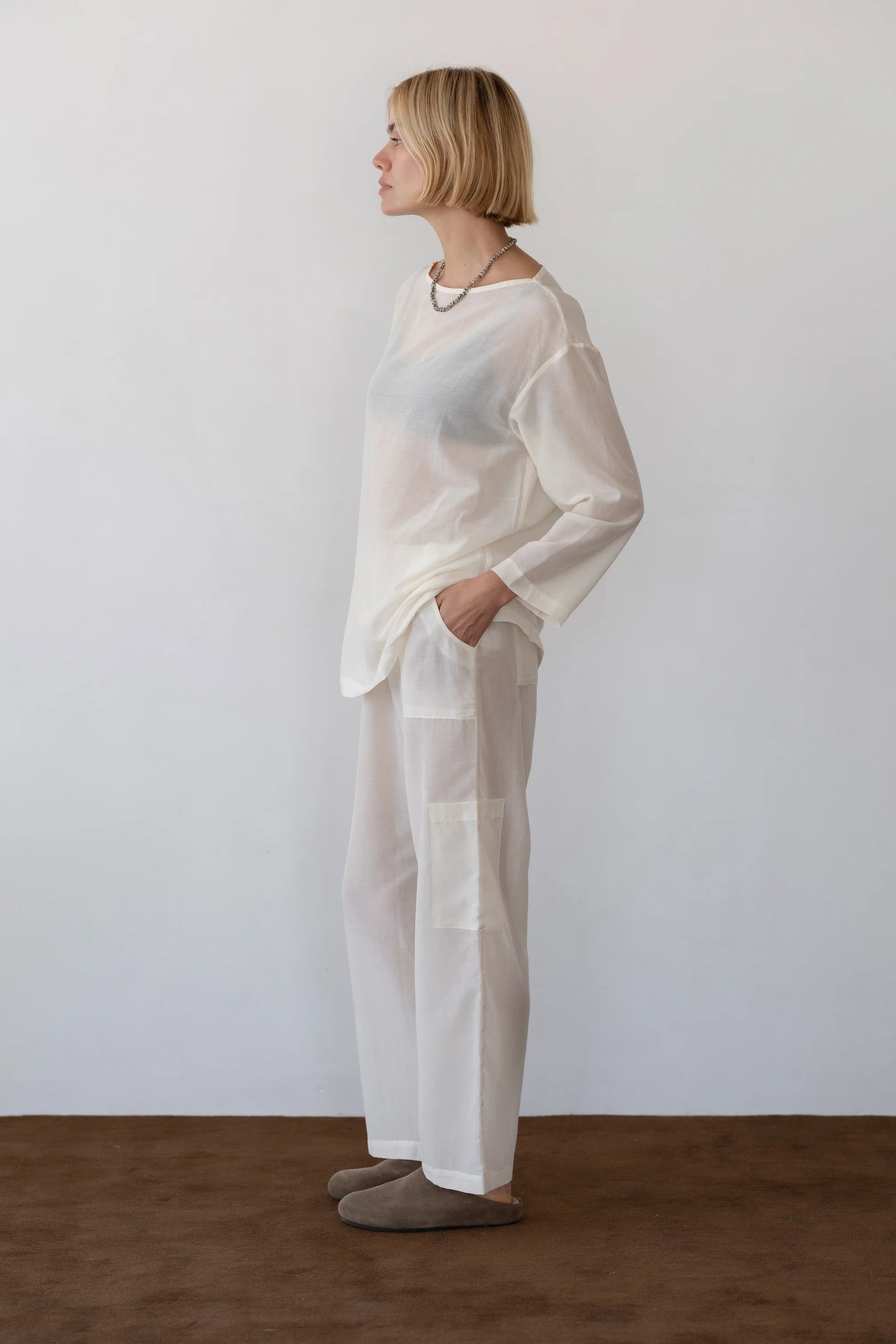 Donni |The Silk Cotton Sheer Cargo Pant | Creme