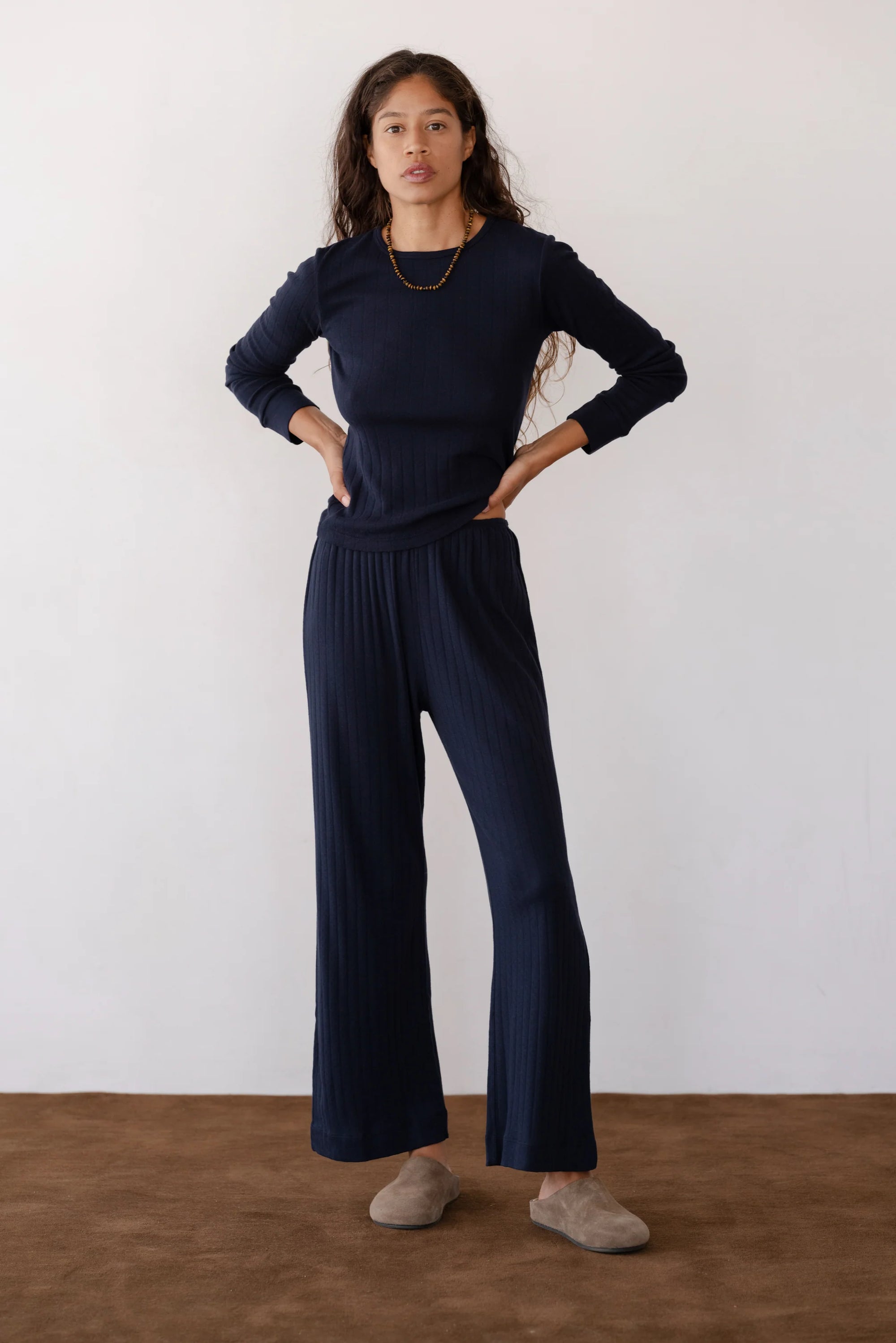 Donni Pointelle Simple Crop Pant | Navy