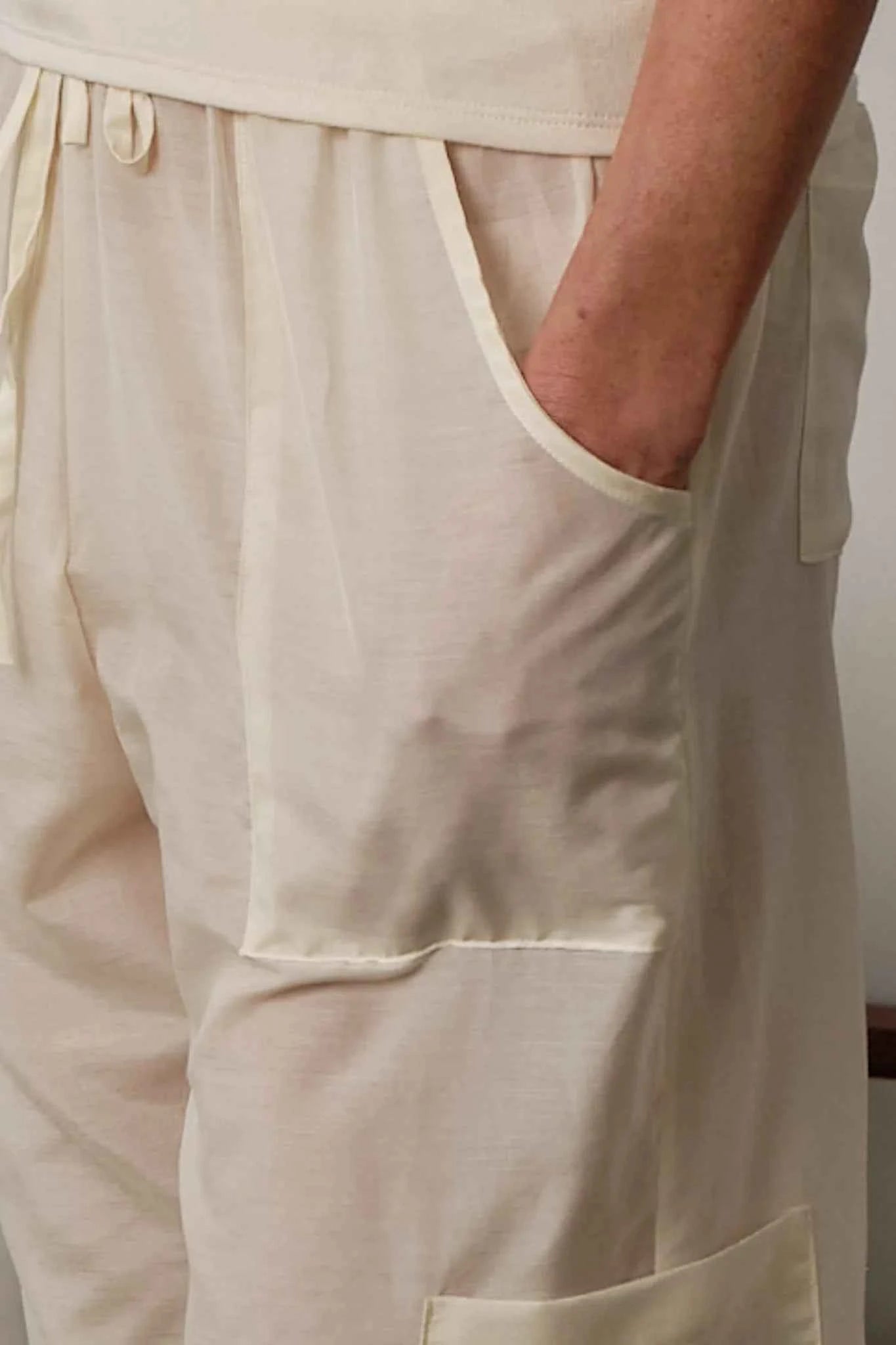 Donni |The Silk Cotton Sheer Cargo Pant | Creme