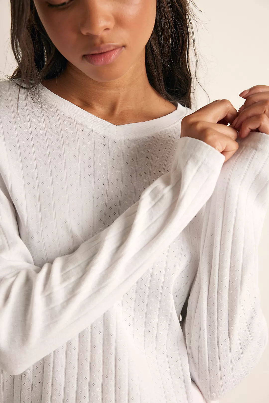 Donni Pointelle V Neck Long Sleeve | Creme