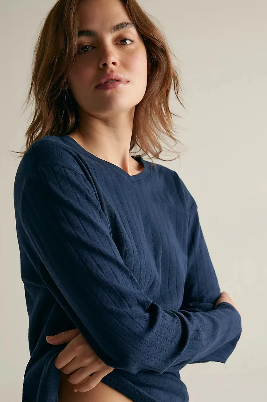 Donni Pointelle V Neck Long Sleeve | Navy