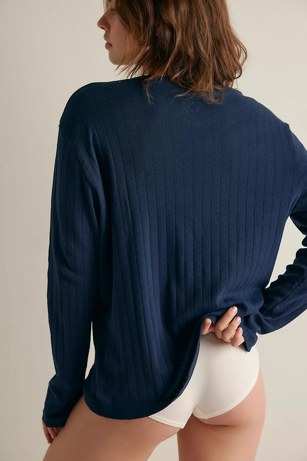 Donni Pointelle V Neck Long Sleeve | Navy
