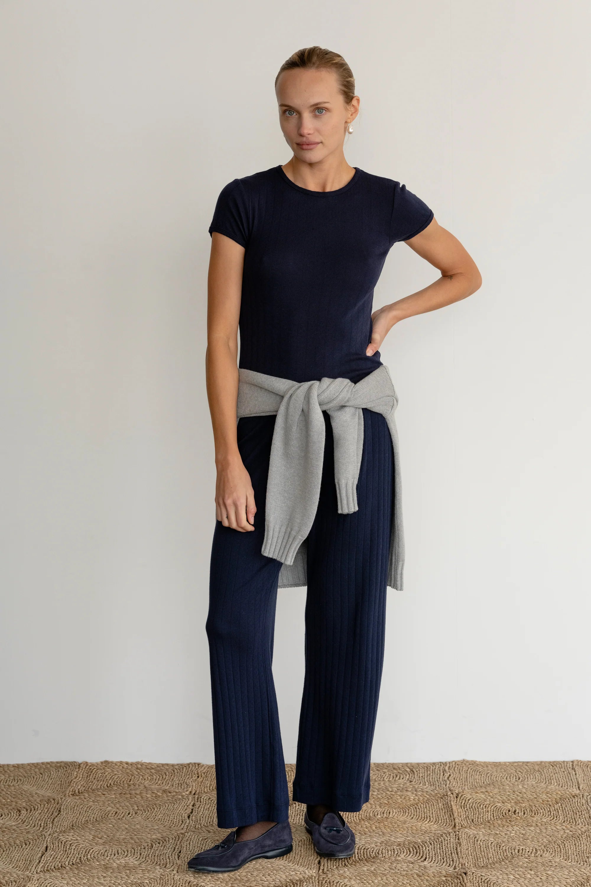 Donni Pointelle Simple Crop Pant | Navy