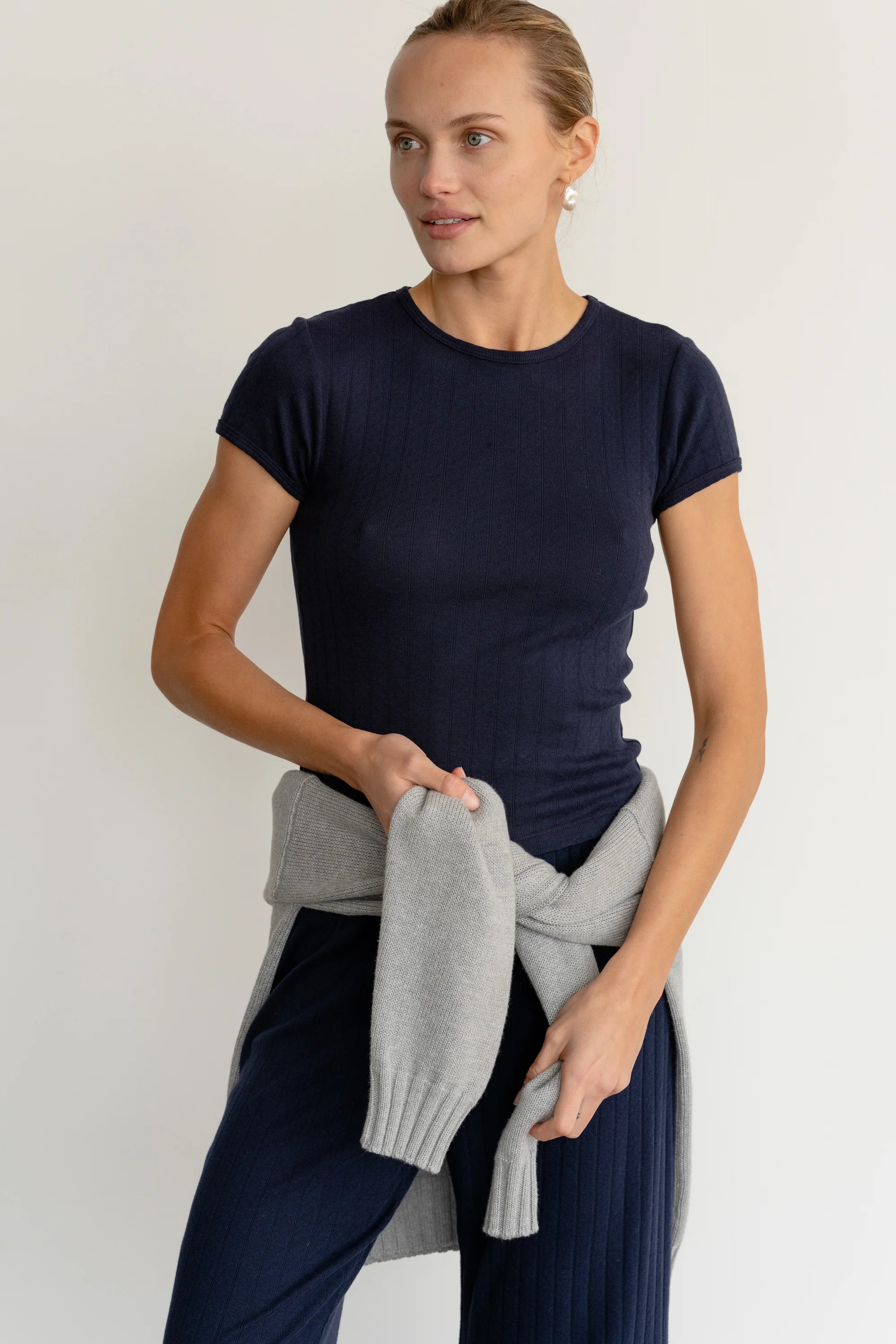 Donni Pointelle Simple Crop Pant | Navy