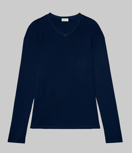Donni Pointelle V Neck Long Sleeve | Navy