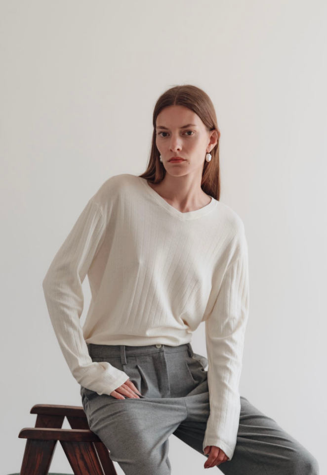 Donni Pointelle V Neck Long Sleeve | Blueberry