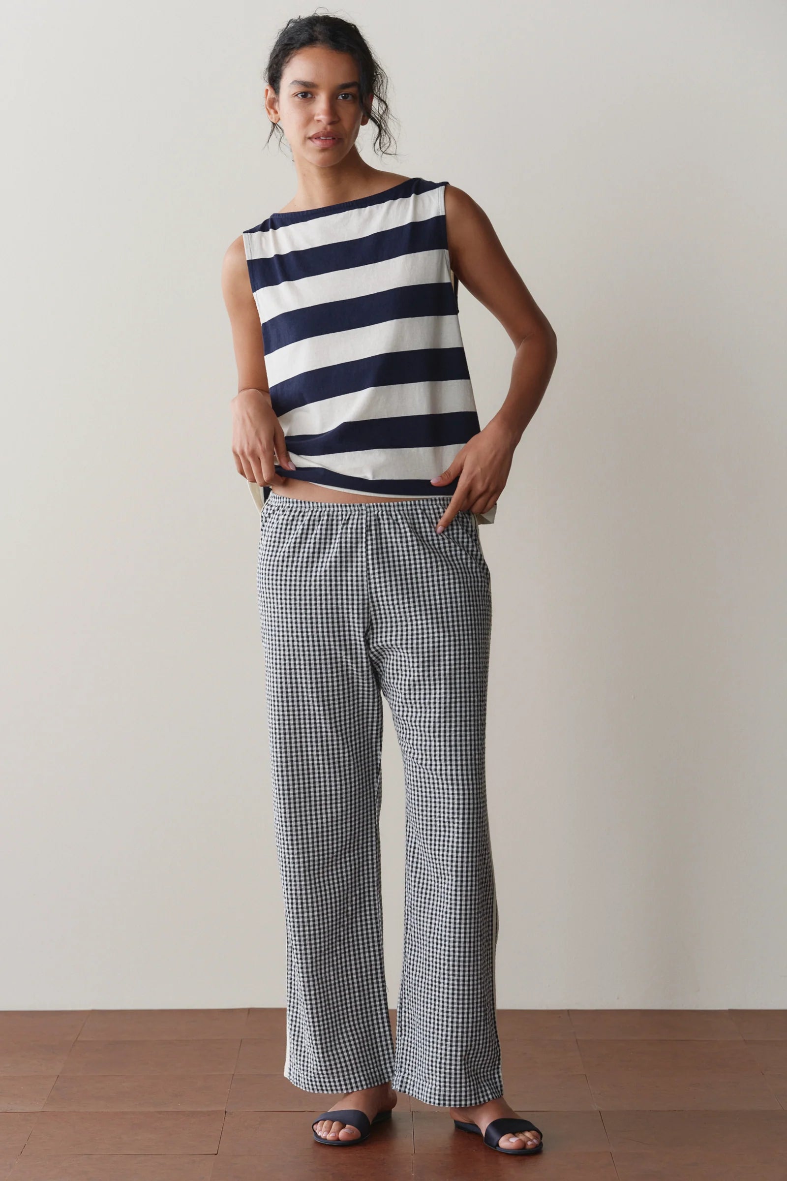 Donni | The Cotton Gingham Stripe Crop Pant | Jet