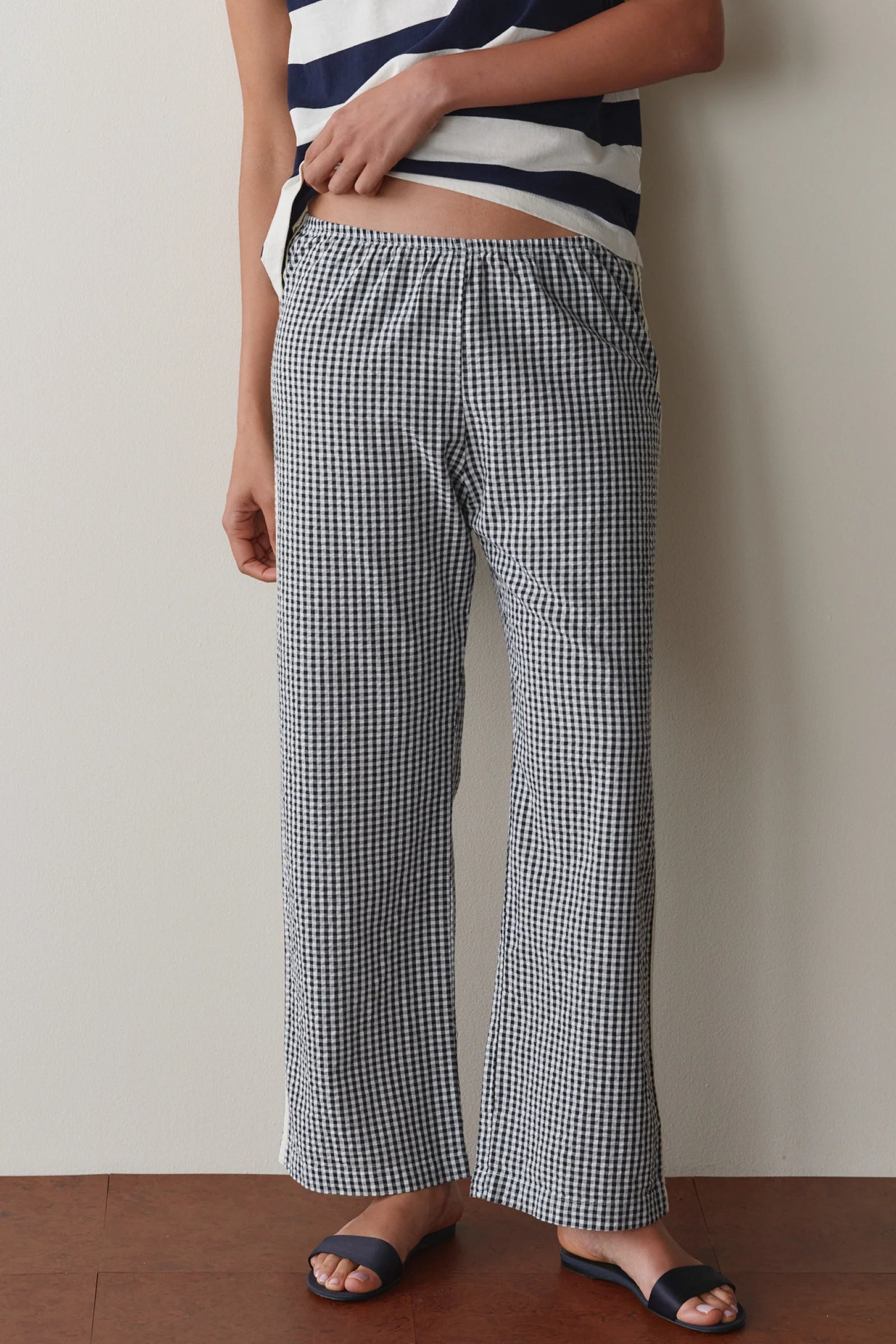 Donni | The Cotton Gingham Stripe Crop Pant | Jet