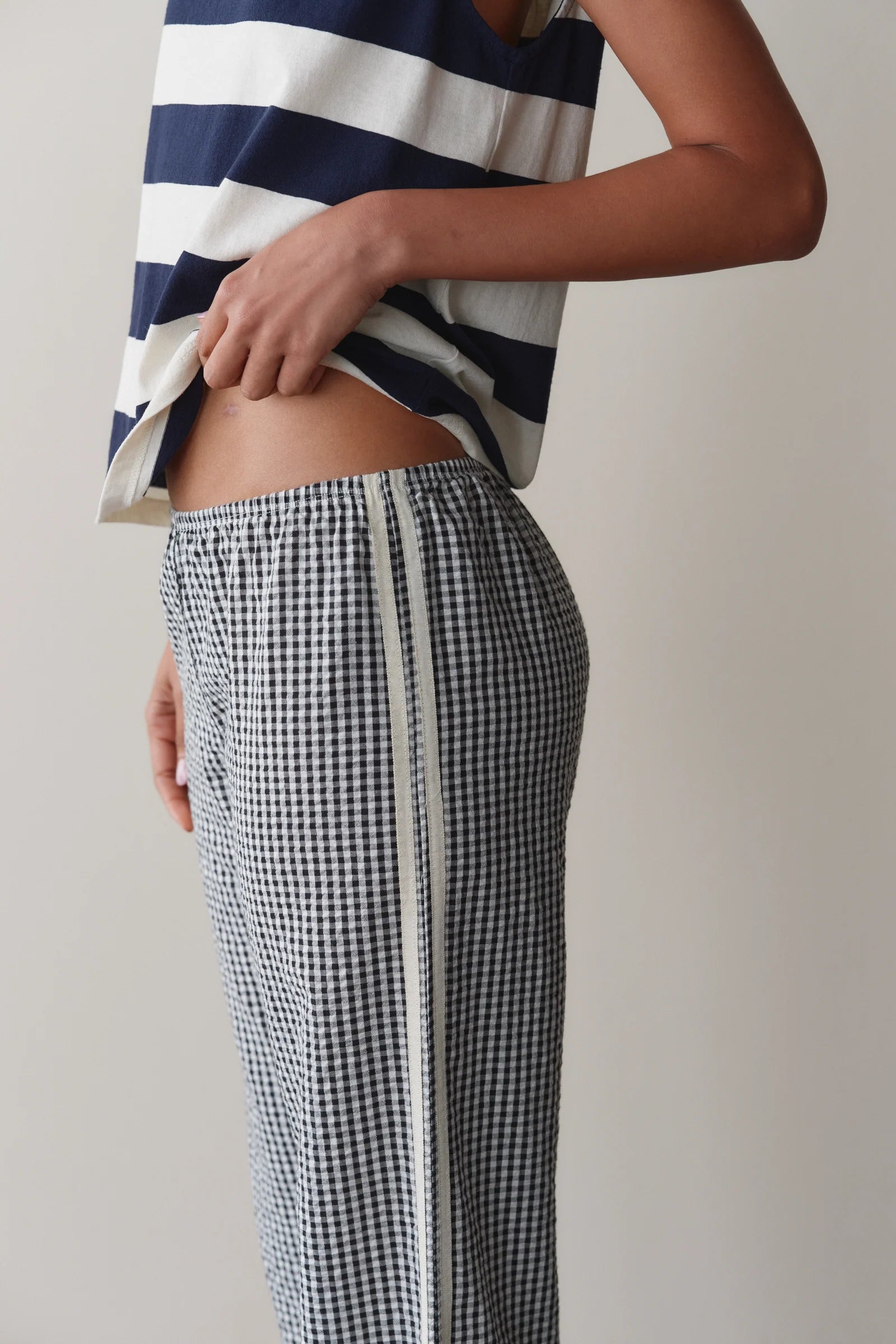 Donni | The Cotton Gingham Stripe Crop Pant | Jet