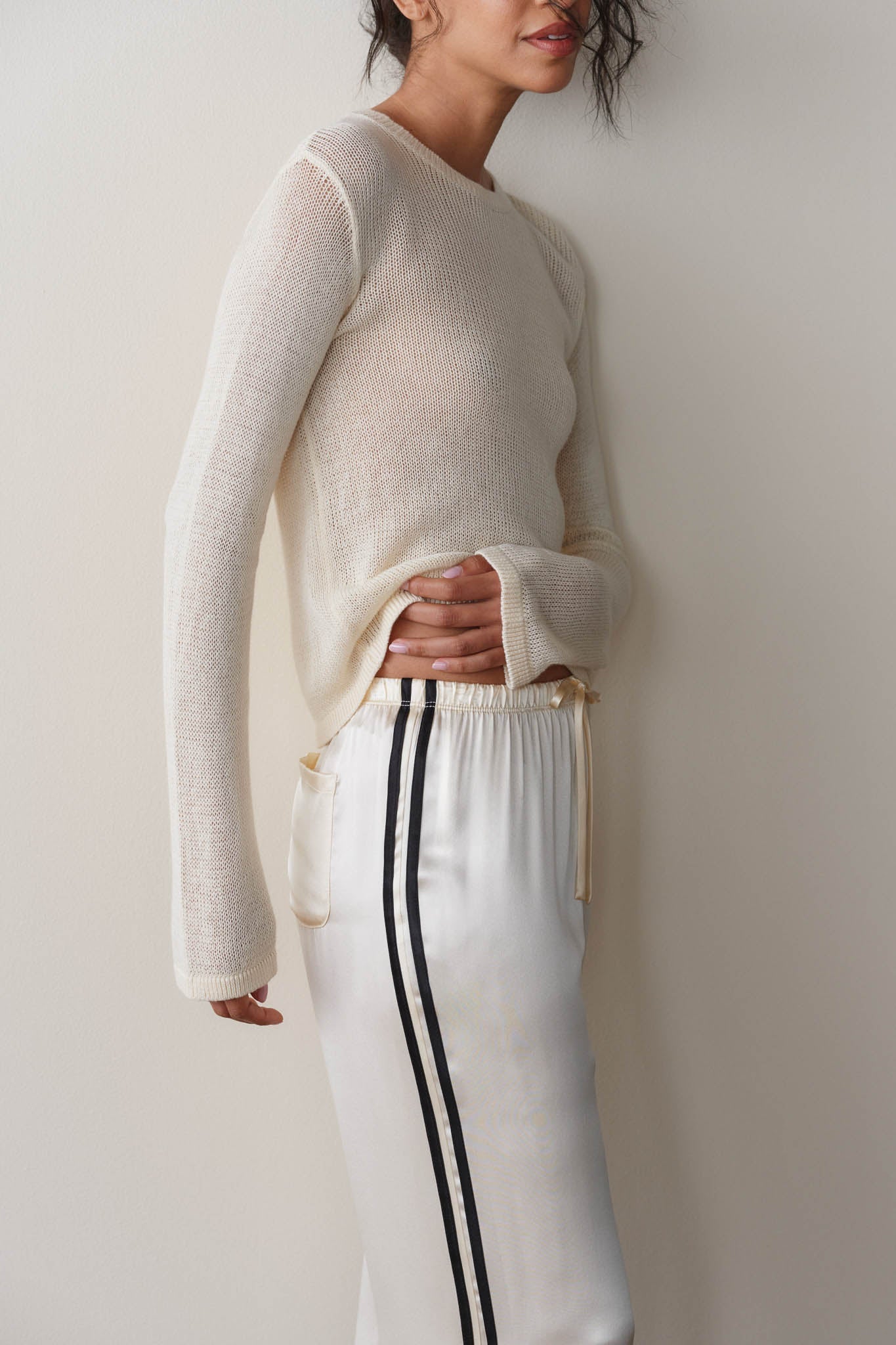Donni |The Silk Stripe Crop Pant | Creme Jet