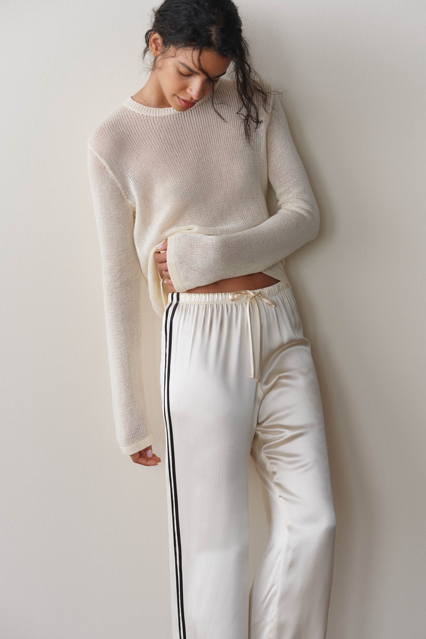 Donni |The Silk Stripe Crop Pant | Creme Jet