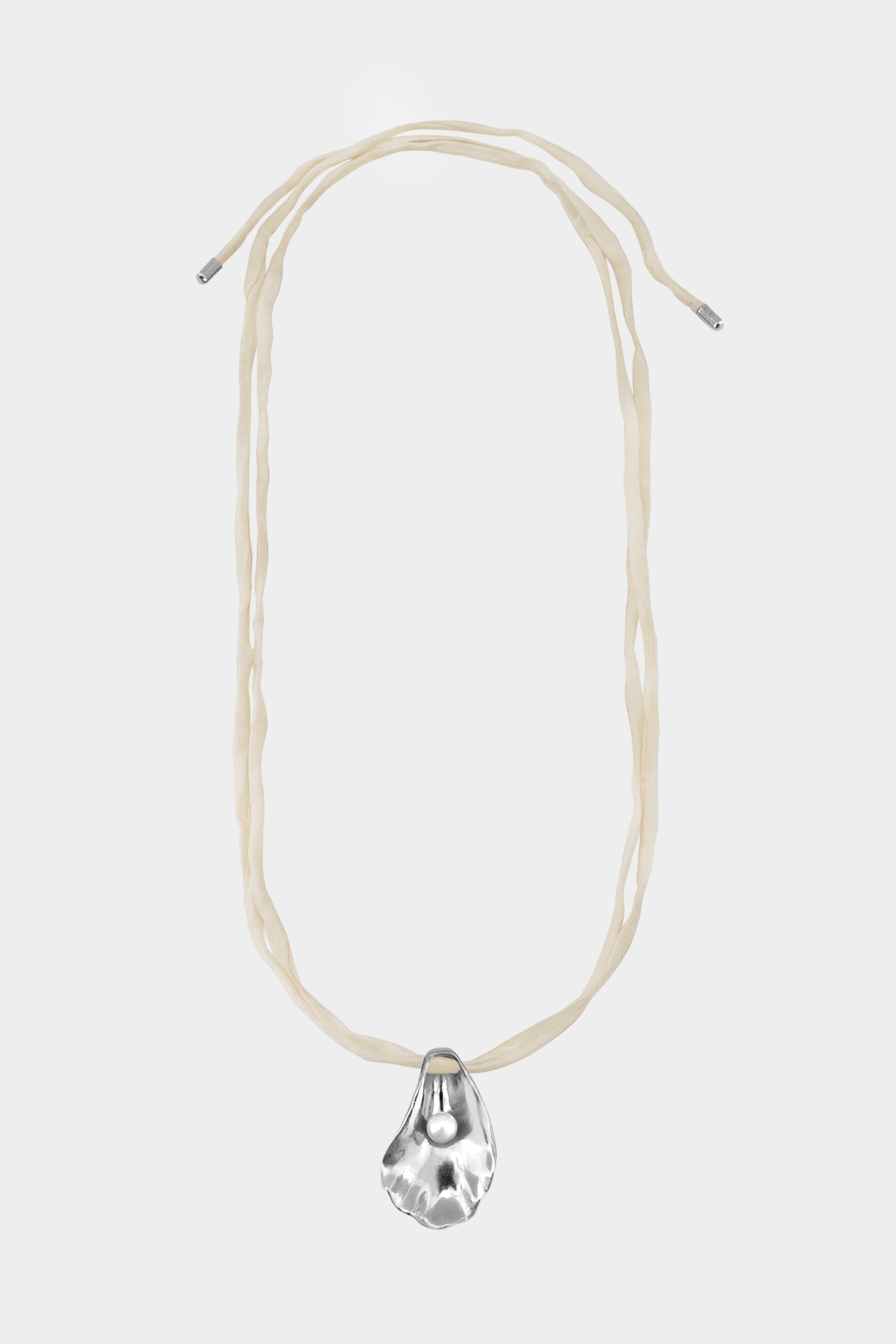 Oyster Shell Necklace on Raw Silk | Silver/Cream
