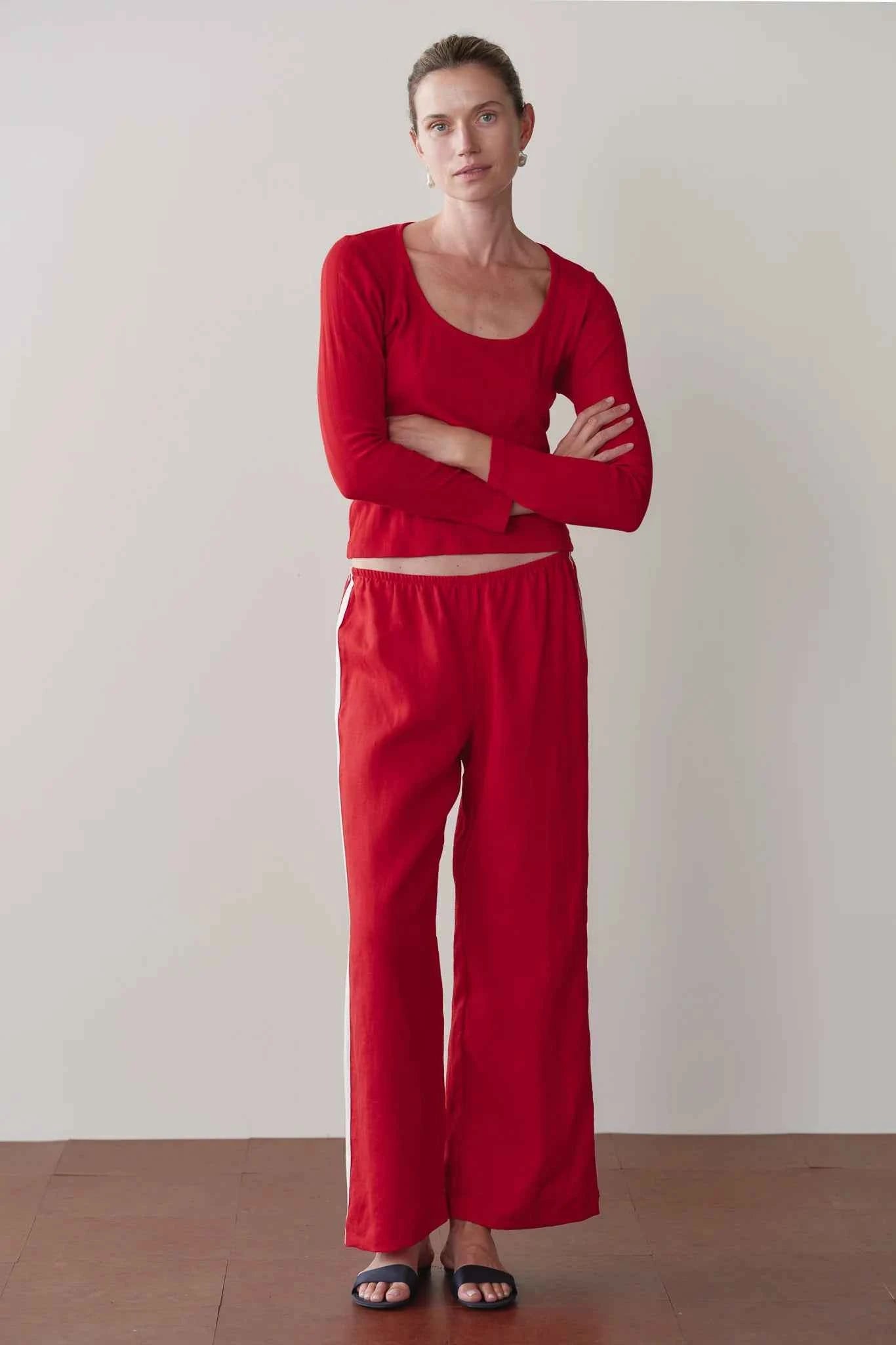 Donni | The Linen Crop Stripe Pant| Bell Pepper - NEW